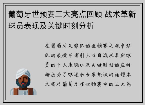 葡萄牙世预赛三大亮点回顾 战术革新球员表现及关键时刻分析 葡萄牙世预赛三大亮点回顾 战术革新球员表现及关键时刻分析