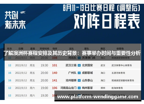 了解澳洲杯赛程安排及其历史背景：赛事举办时间与重要性分析